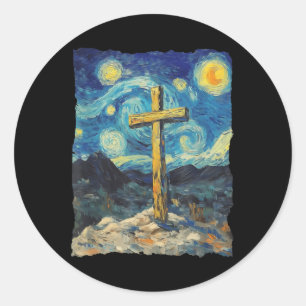 Pegatina Redonda Jesucristo Cruz Van Gogh Estilo Noche Estelar Cris