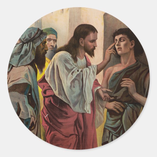 Pegatina Redonda Jesucristo curando al ciego (Anverso)