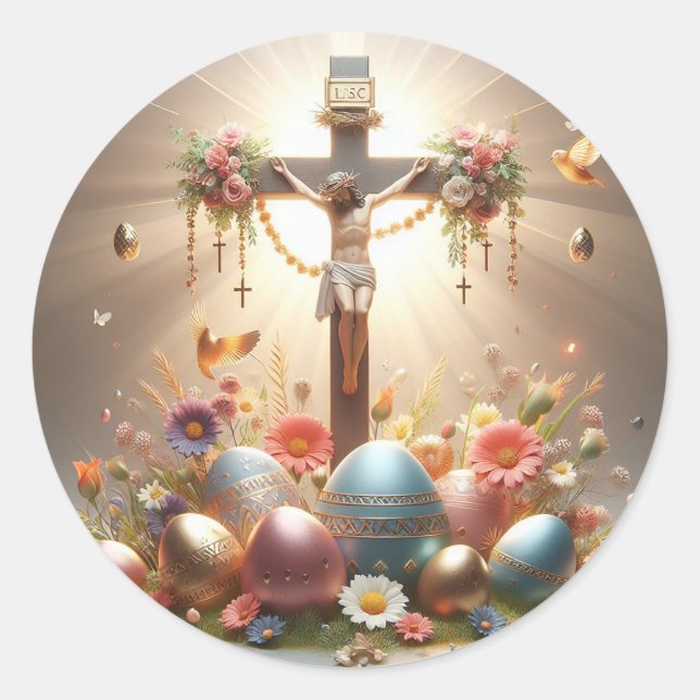 Pegatina Redonda Jesucristo en la cruz (Anverso)