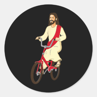 Pegatina Redonda Jesucristo en una bicicleta divertida fe cristiana