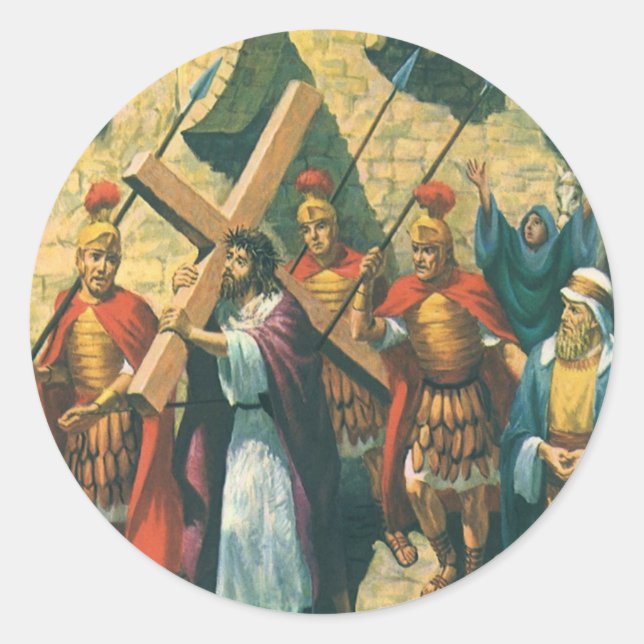 Pegatina Redonda Jesucristo llevando la cruz a su crucifixión (Anverso)