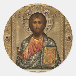 Pegatina Redonda Jesucristo sostiene el ícono ortodoxo de los Evang