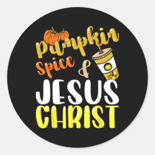 Pegatina Redonda Jesucristo Y Especie De Calabaza Café Otoño Caído
