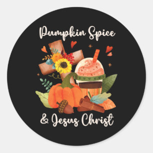 Pegatina Redonda Jesucristo y las especias de calabaza café otoño c