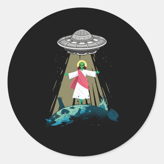 Pegatina Redonda Jesús Alien Abducción OVNI Believer Aliens Regalo (Anverso)