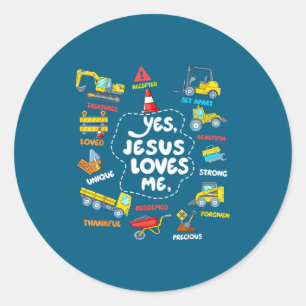 Pegatina Redonda Jesús ama a los niños cristianos construcción de t
