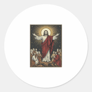 Pegatina Redonda Jesús Antiguo Gloria Radiante Grabado Cristiano De