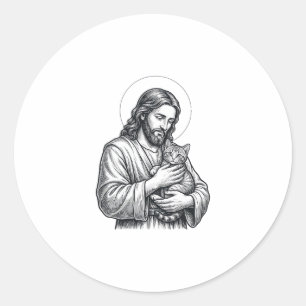 Pegatina Redonda Jesús Antiguo Sosteniendo Grabado de Gato Gráfico_
