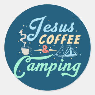 Pegatina Redonda Jesús Café y Camping Amante de Camping Vintage 