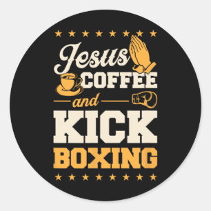 Pegatina Redonda Jesús Café y Kickboxing Divertido Lindo Cristiano