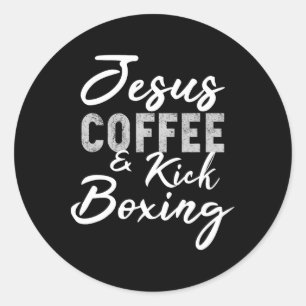 Pegatina Redonda Jesús Café y Kickboxing Divertido Trabajo de Artes