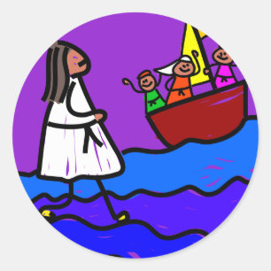 Pegatina Redonda Jesús camina en el agua