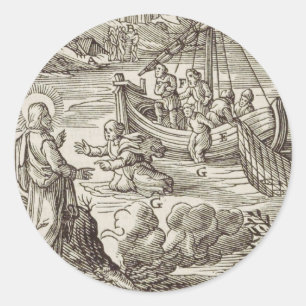 Pegatina Redonda Jesús caminando sobre el agua