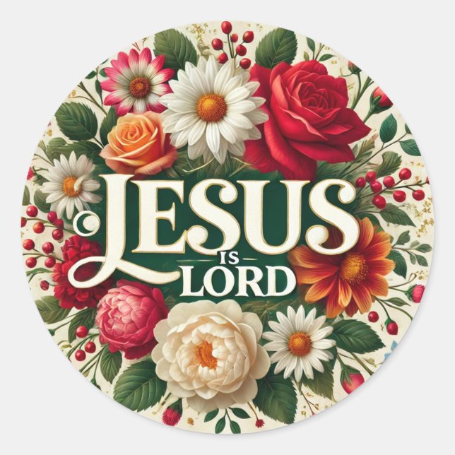 Pegatina Redonda Jesús Católico en Rosas Crucifijos (Anverso)