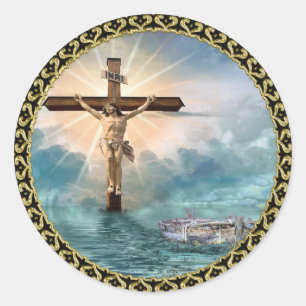 Pegatina Redonda Jesús colgado de una cruz de crucifixión cristiana