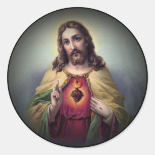 Pegatina Redonda Jesús con el corazón brillante