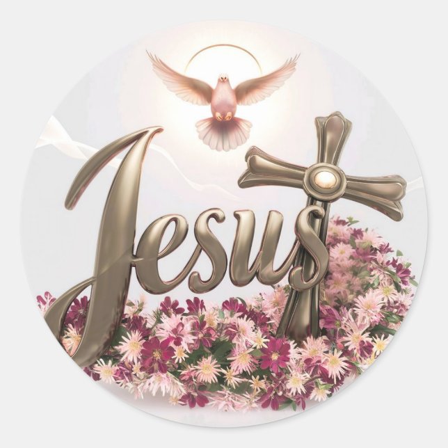 Pegatina Redonda Jesús con paloma sagrada y cruz #1 (Anverso)