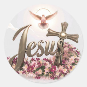 Pegatina Redonda Jesús con paloma sagrada y cruz #1