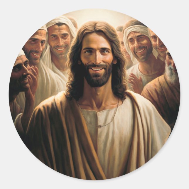 Pegatina Redonda Jesús con sus discípulos sonriendo (Anverso)