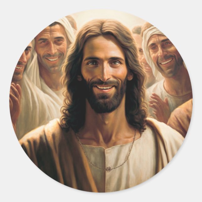 Pegatina Redonda Jesús con sus discípulos sonriendo en el closet (Anverso)