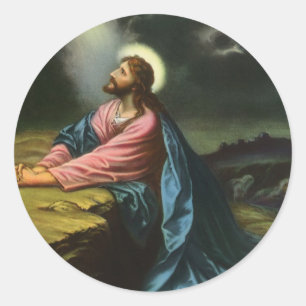 Pegatina Redonda Jesús Cristo vintage rezando, Huerto de Getsemaní