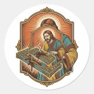 Pegatina Redonda Jesús derrama café en teclado mecánico roto tecnol