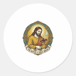 Pegatina Redonda Jesús Derrotado Fumando Tostadas Quemadas Desayuno