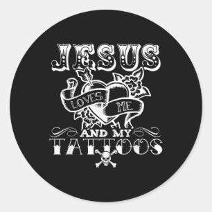 Pegatina Redonda Jesús Divertido Me Ama Y Mis Tatuajes