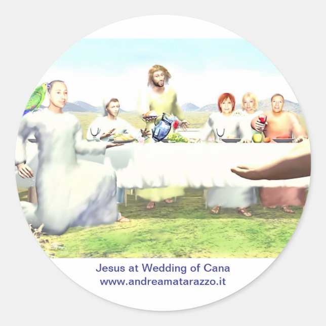 Pegatina Redonda Jesús en el Boda de Cana (Anverso)
