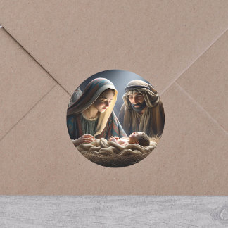 Pegatina Redonda Jesús en el pesebre