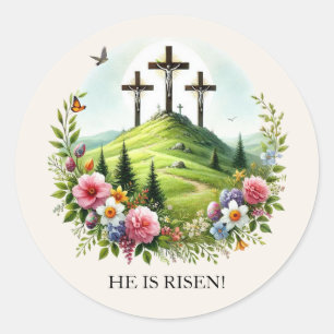 Pegatina Redonda Jesús en la Cruz Él ha Resucitado Pascua