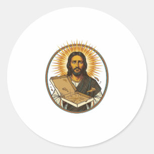 Pegatina Redonda Jesús engañado por caja de pizza vacía Humor de co
