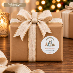 Pegatina Redonda Jesús es el Regalo Escena de la Natividad Azul Per