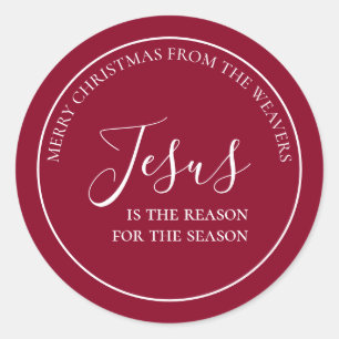 Pegatina Redonda Jesús es la razón   Navidades rojos personalizados