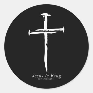 Pegatina Redonda Jesús es un rey gracioso cruzando clavos cristiano