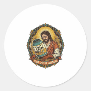 Pegatina Redonda Jesús Exhausto Tubo de Proteína Vacío Humor de Gim
