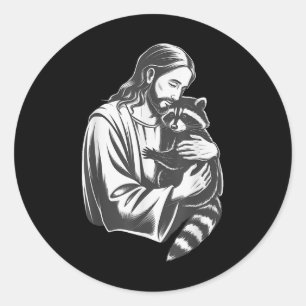 Pegatina Redonda Jesus Hugging Raccoon