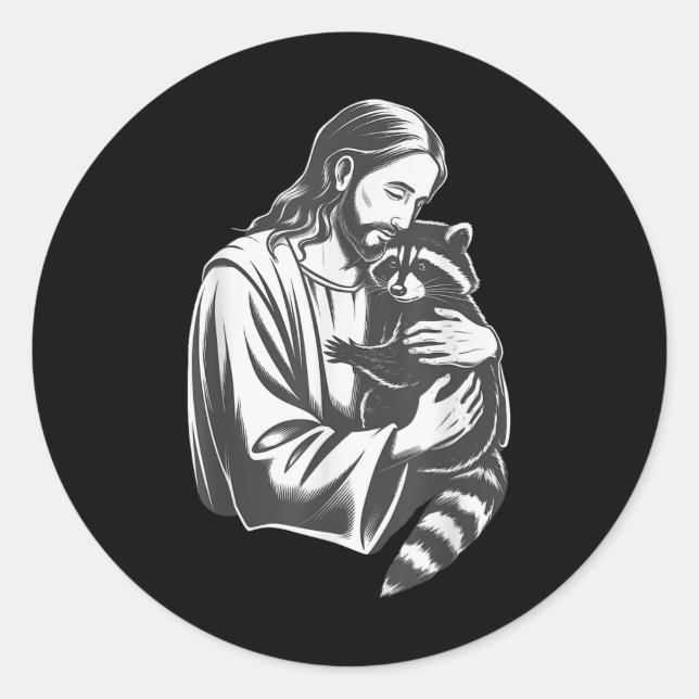 Pegatina Redonda Jesus Hugging Raccoon (Anverso)