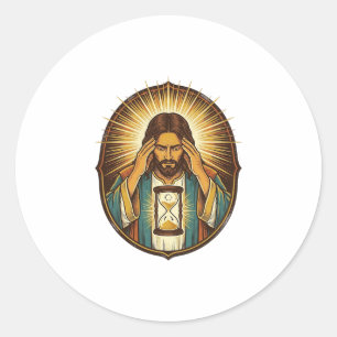 Pegatina Redonda Jesús Impaciente Cargando Reloj de Arena Internet 