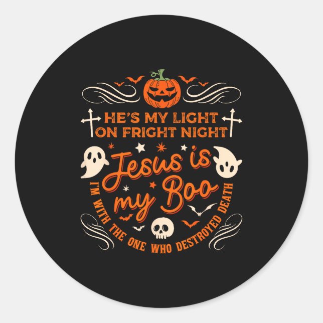 Pegatina Redonda Jesus Is My Boo Christian Halloween Ghost Pumpkin  (Anverso)