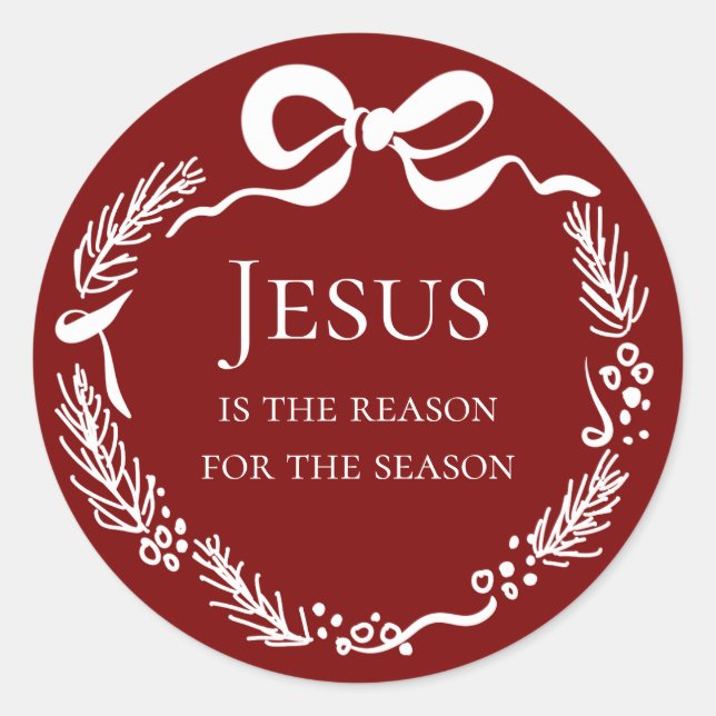 Pegatina Redonda Jesus is the Reason | Hand Drawn Bow Red Christmas (Anverso)