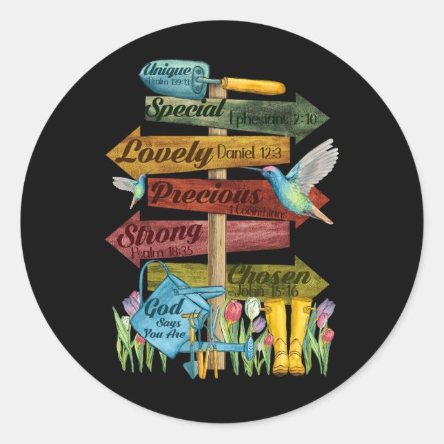 Pegatina Redonda Jesús Jardín Flor Hummingbird Dios diga que vas (Anverso)