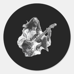 Pegatina Redonda Jesús La Roca Sólida Tocando Guitarra Eléctrica Y