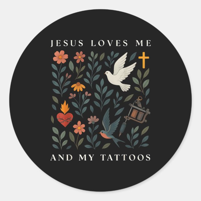 Pegatina Redonda Jesus Loves Me And My Tattoos  (Anverso)