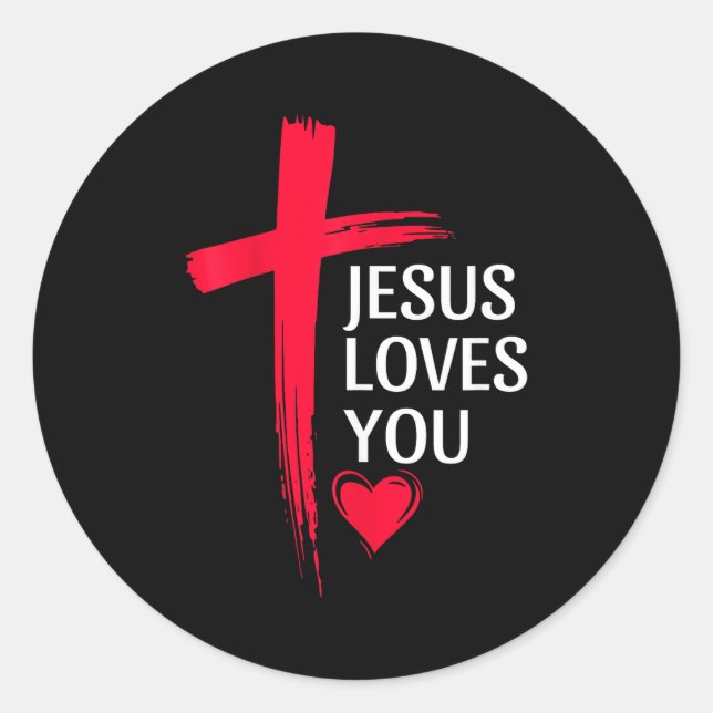 Pegatina Redonda Jesus Loves You Christian Love Cross Heart Design  (Anverso)