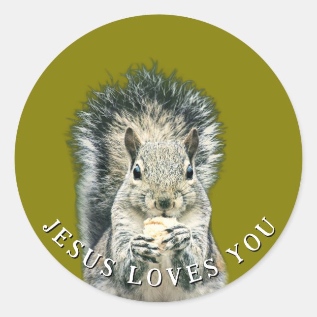 Pegatina Redonda Jesus Loves You Fun Squirrel  (Anverso)