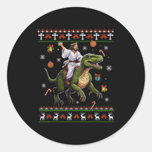 Pegatina Redonda Jesús montando dinosaurio divertido meme suéter fe