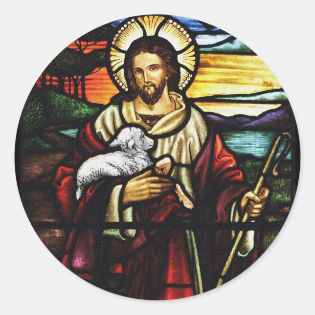 Pegatina Redonda Jesús Pastor con su oveja (Anverso)