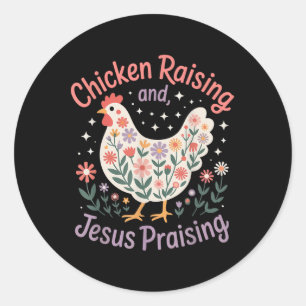 Pegatina Redonda Jesús Predicando Y El Pollo Elevando Graciosa Gran
