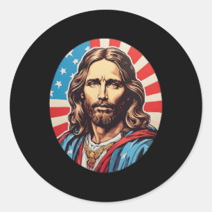 Pegatina Redonda Jesús republicano – Arte pop audaz con bandera est